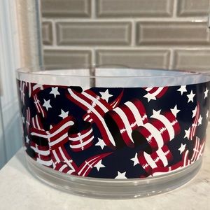 Patriot Large serving bowl. On the  outside Blue red white W a clear bottom.
